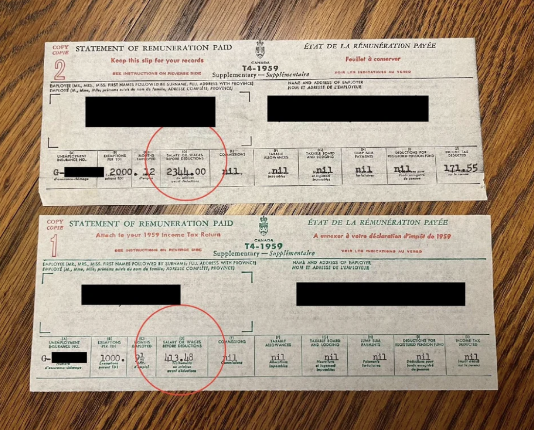 old w-4 forms that look like paychecks showing $2455 and $413.48, respectively