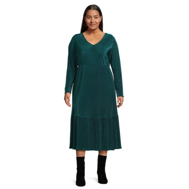 model wearing green long-sleeve plisse midi dress