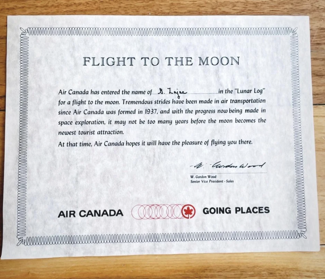 certificate for a flight to the moon