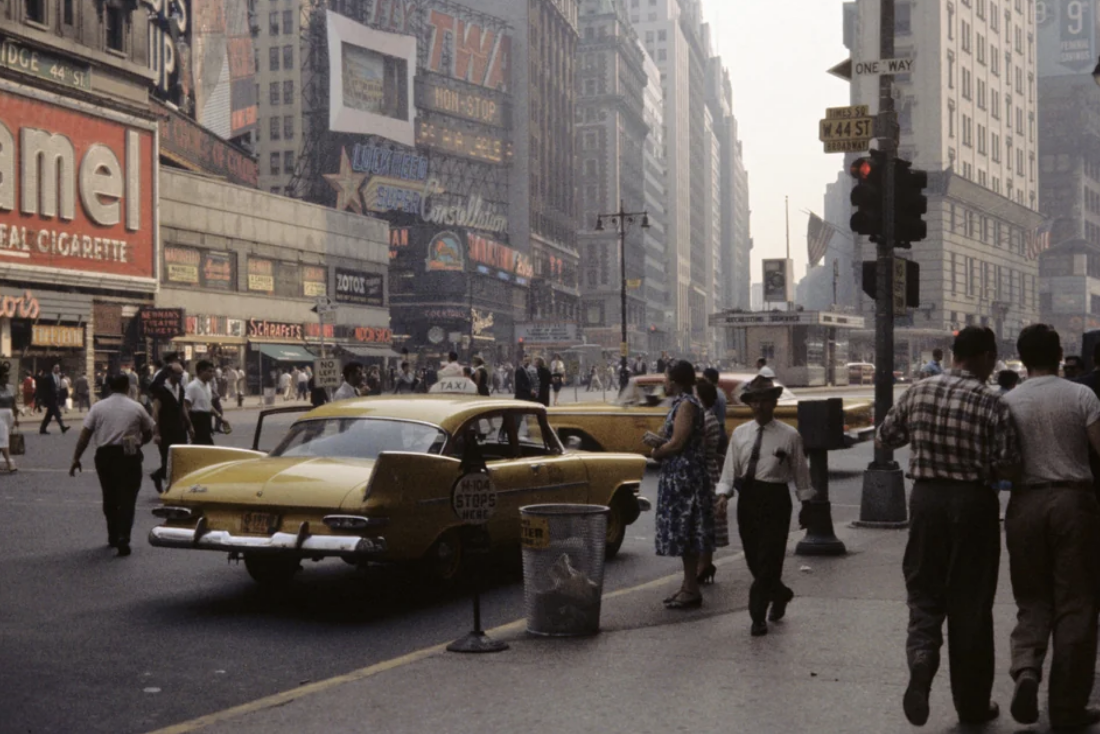 times square with vintage cars