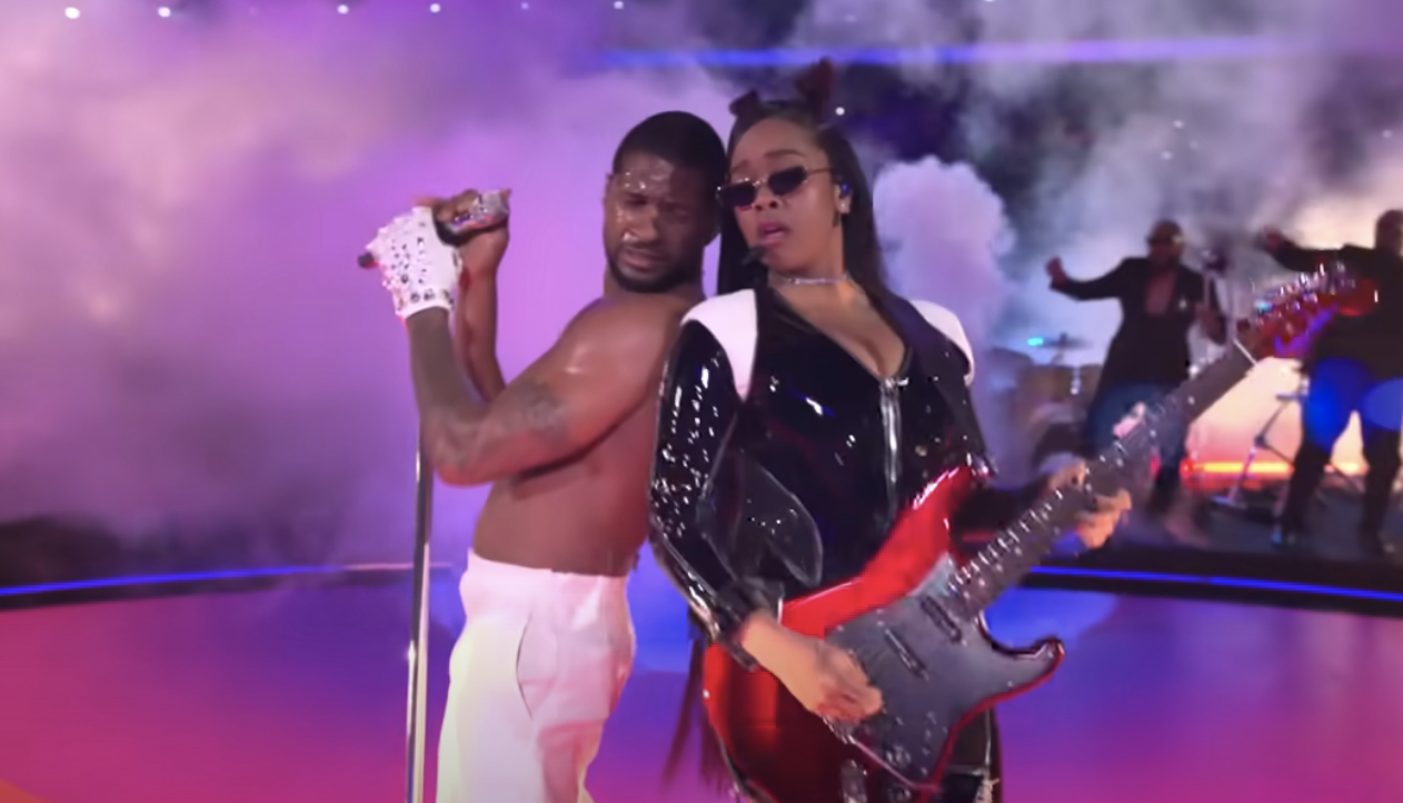 Usher and H.E.R. onstage at the Super Bowl