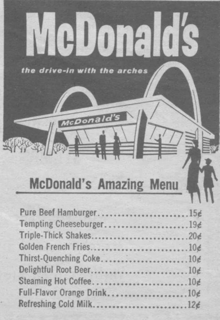 menu showing shakes, root beer, milk, burgers, and fries for 10-20 cents