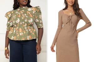 on left: model wearing peplum top with floral print. on right: model wearing light brown dress