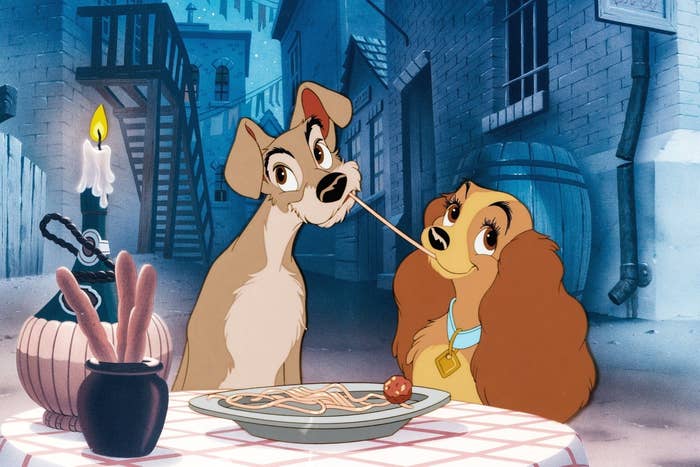 The dogs from &quot;Lady and the Tramp&quot; sharing pasta