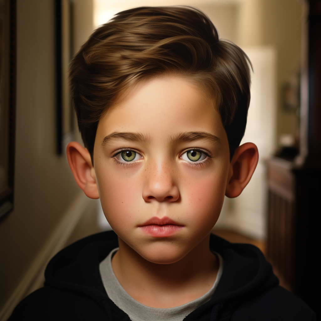 Young boy with striking green eyes, dark hair, and a solemn expression