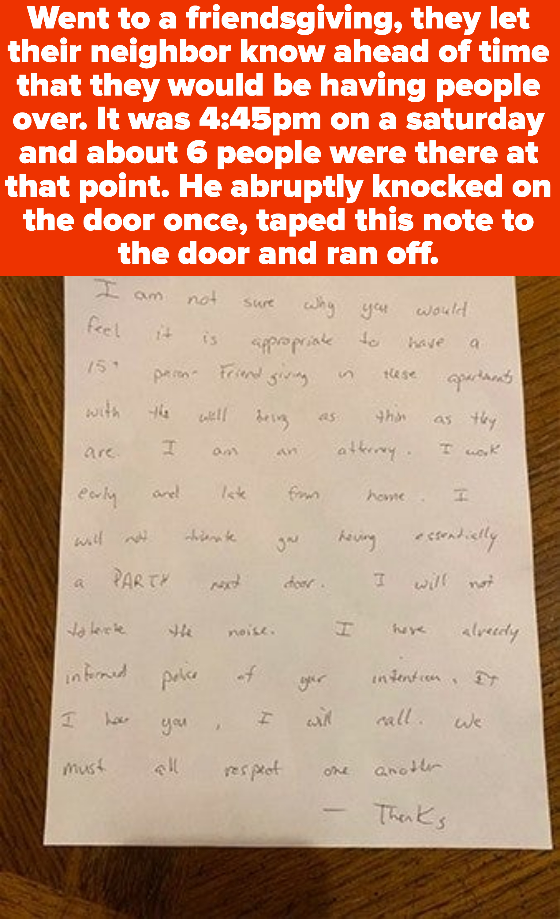 A note attached to someone&#x27;s door during a small Friendsgiving