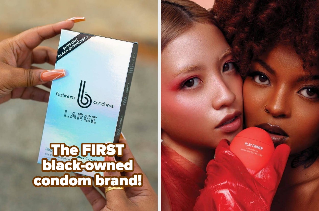 model holding box of b-condoms and models posing with red bottle of play primer