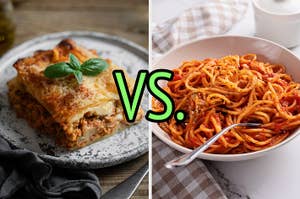 On the left, a piece of lasagna, and on the right, a bowl of spaghetti with versus typed in the middle