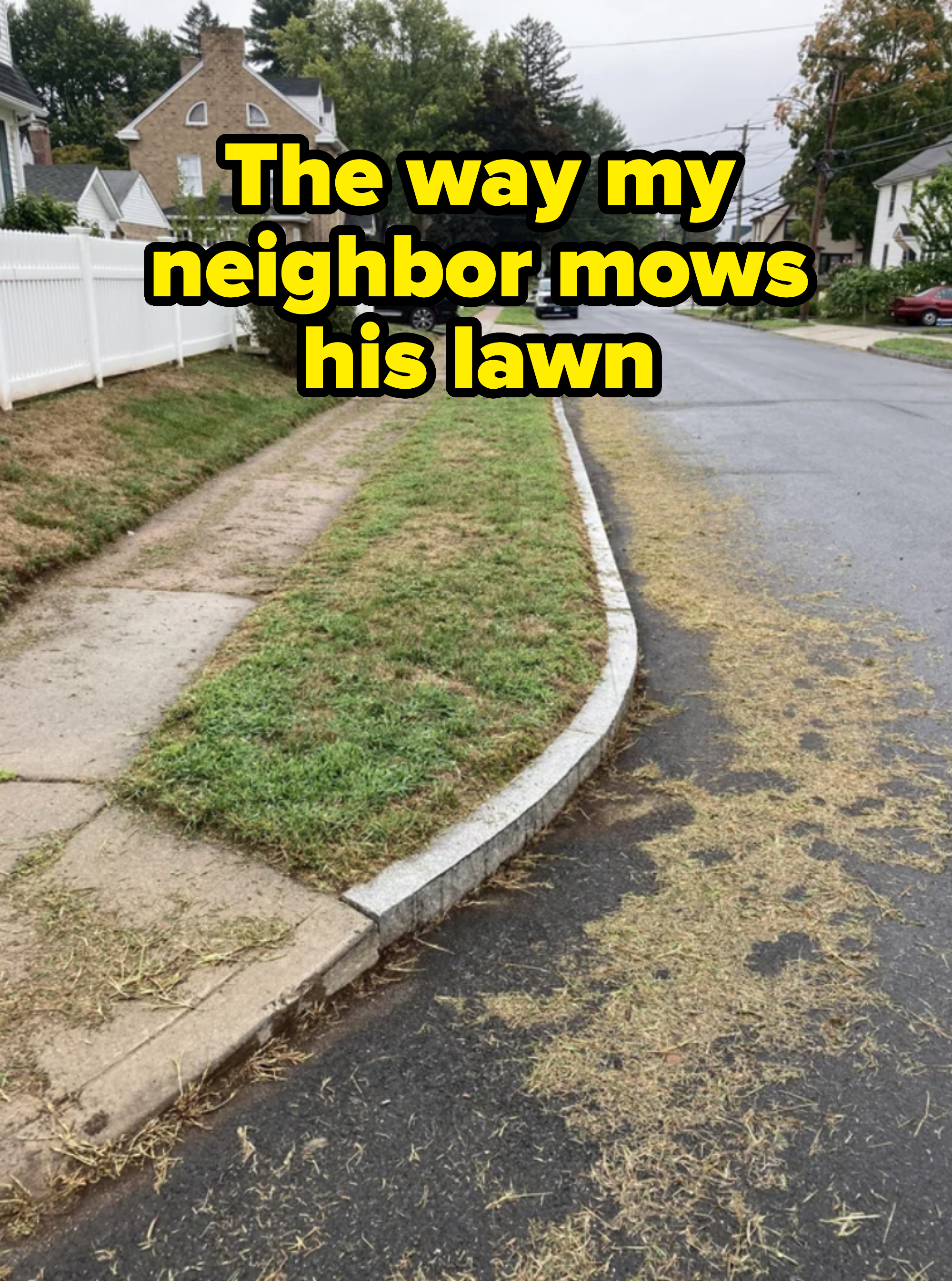 &quot;The way my neighbor mows his lawn&quot; with grass all over the street