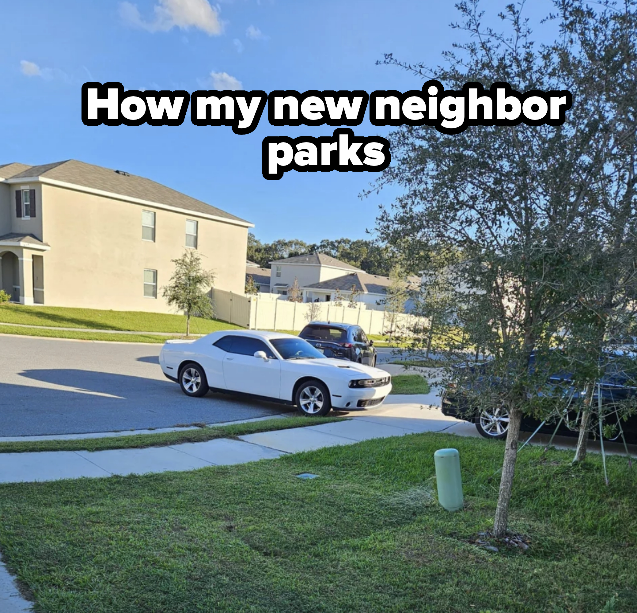 &quot;How my new neighbor parks&quot; with car mostly on the street and sidewalk