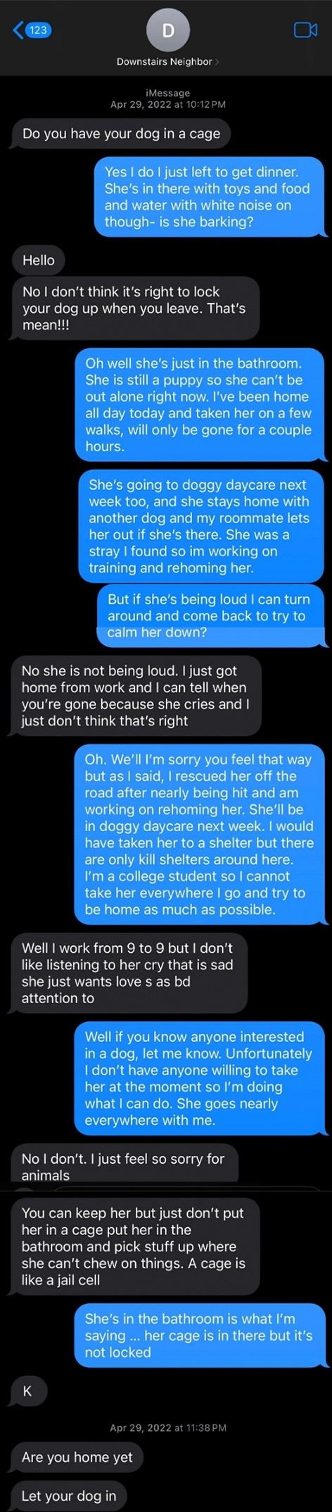 screenshot of a text exchange about a neighbor being annoyed someone has their dog in a crate even though the dog is quiet