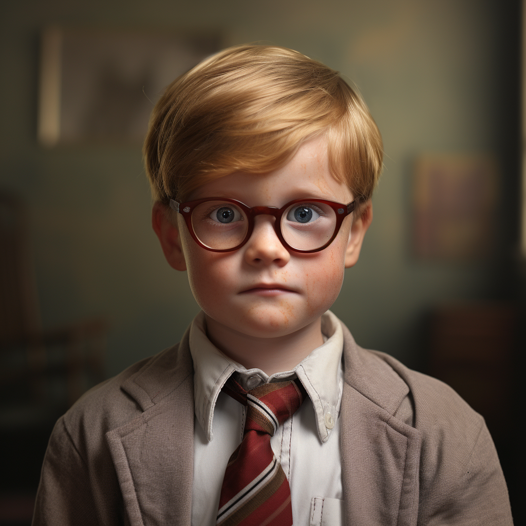 Young boy with blonde hair and glasses dressed as an office worker with a suit and tie