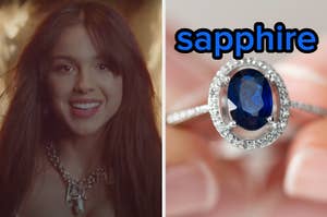 On the left, Olivia Rodrigo standing in front of fire in the Good 4 U music video, and on the right, a sapphire ring