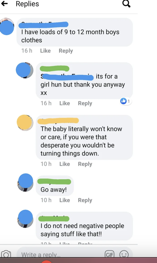 Someone responds to the request by saying they have lots of boys clothes for 9-12 month olds, and the requester refuses because they have a girl