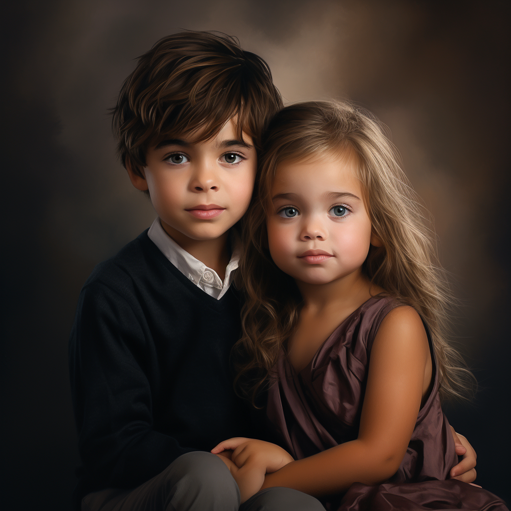 Portrait of a young boy with dark hair and eyes and a girl with long blonde hair and dark blue eyes sitting close together, with solemn expressions