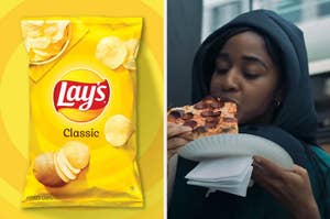 On the left, a bag of Lay's potato chips, and on the right, Ay Edebiri eating a slice of pepperoni pizza as Sydney on The Bear