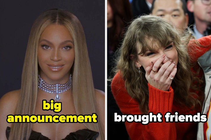 A closeup of Beyonce vs Taylor Swift covers her mouth while smiling