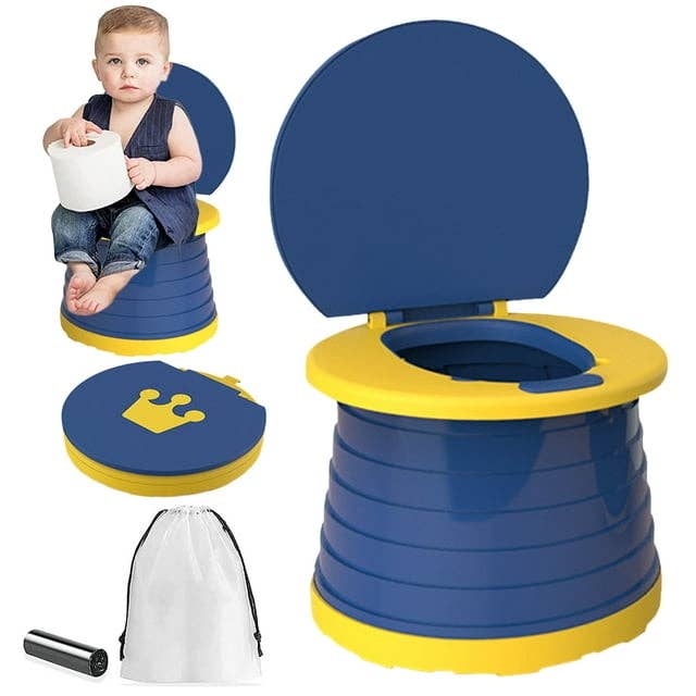 child sitting on blue collapsable toilet