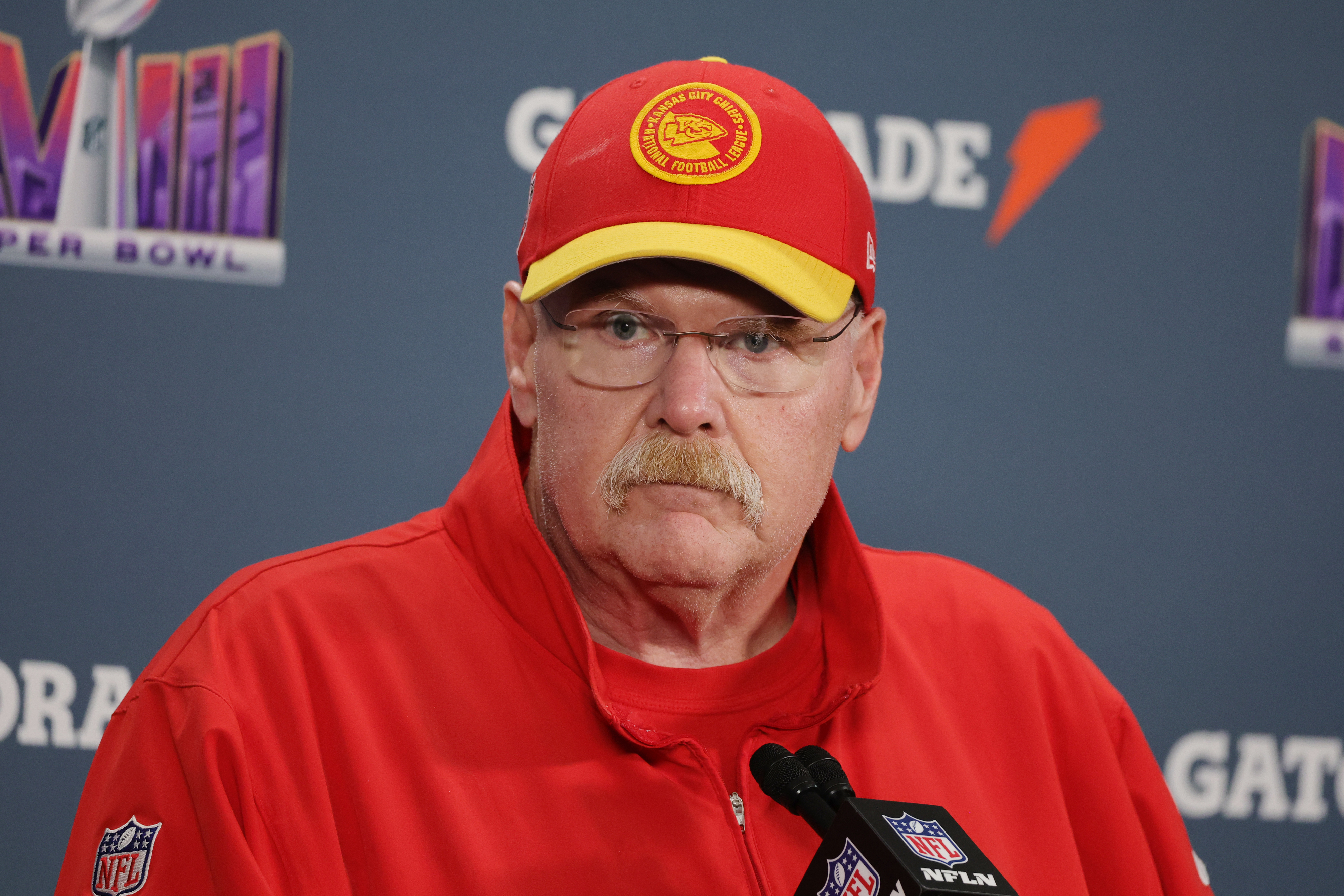 A closeup of Andy Reid during an interview