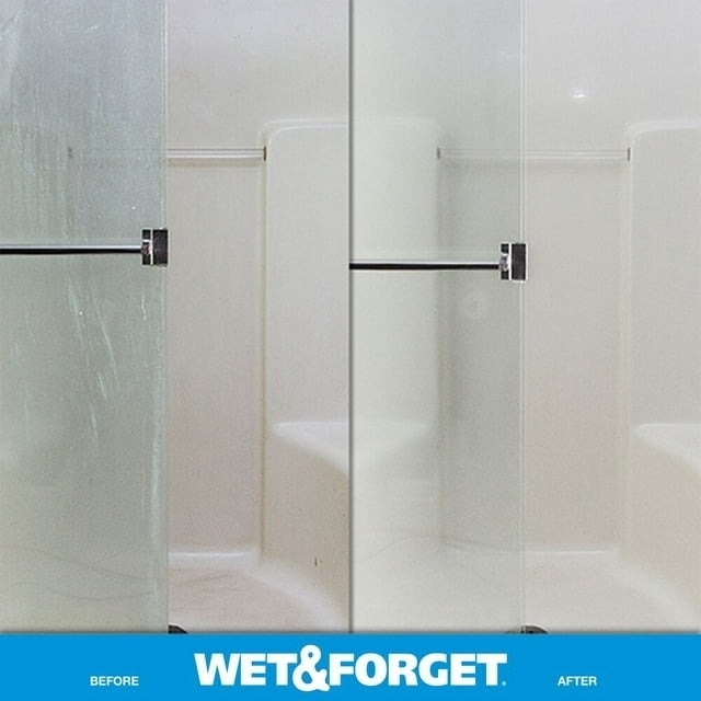 the shower cleaner and a before-and-after photo of a shower door