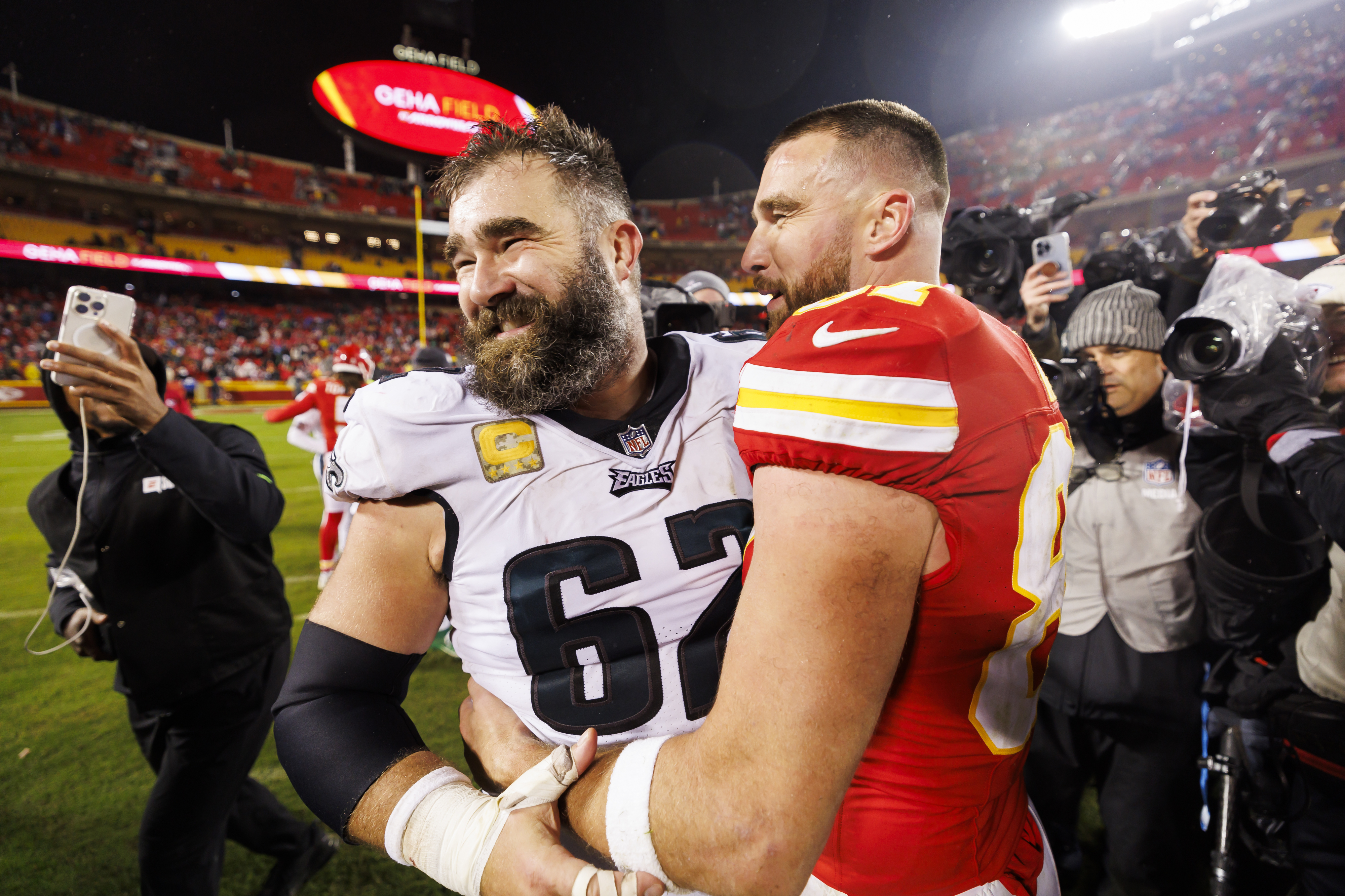 The Kelce brothers embracing each other after a game