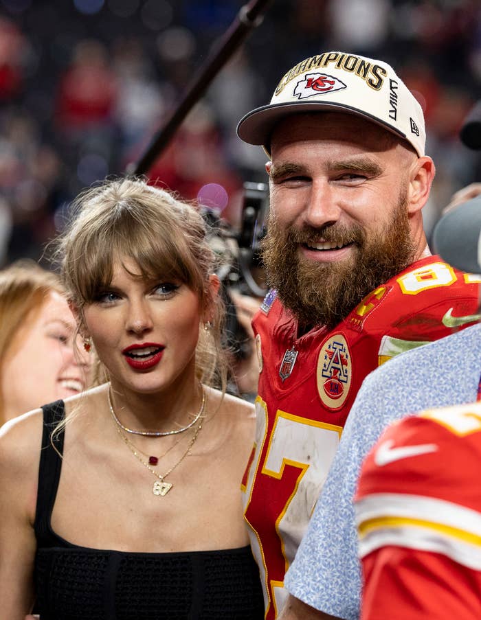 Closeup of Taylor Swift and Travis Kelce at the Super Bowl