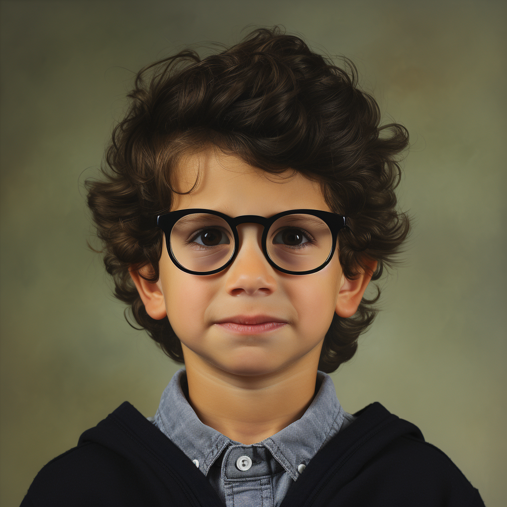 Young boy with dark, curly hair, dark eyes, and wearing glasses and a blue shirt