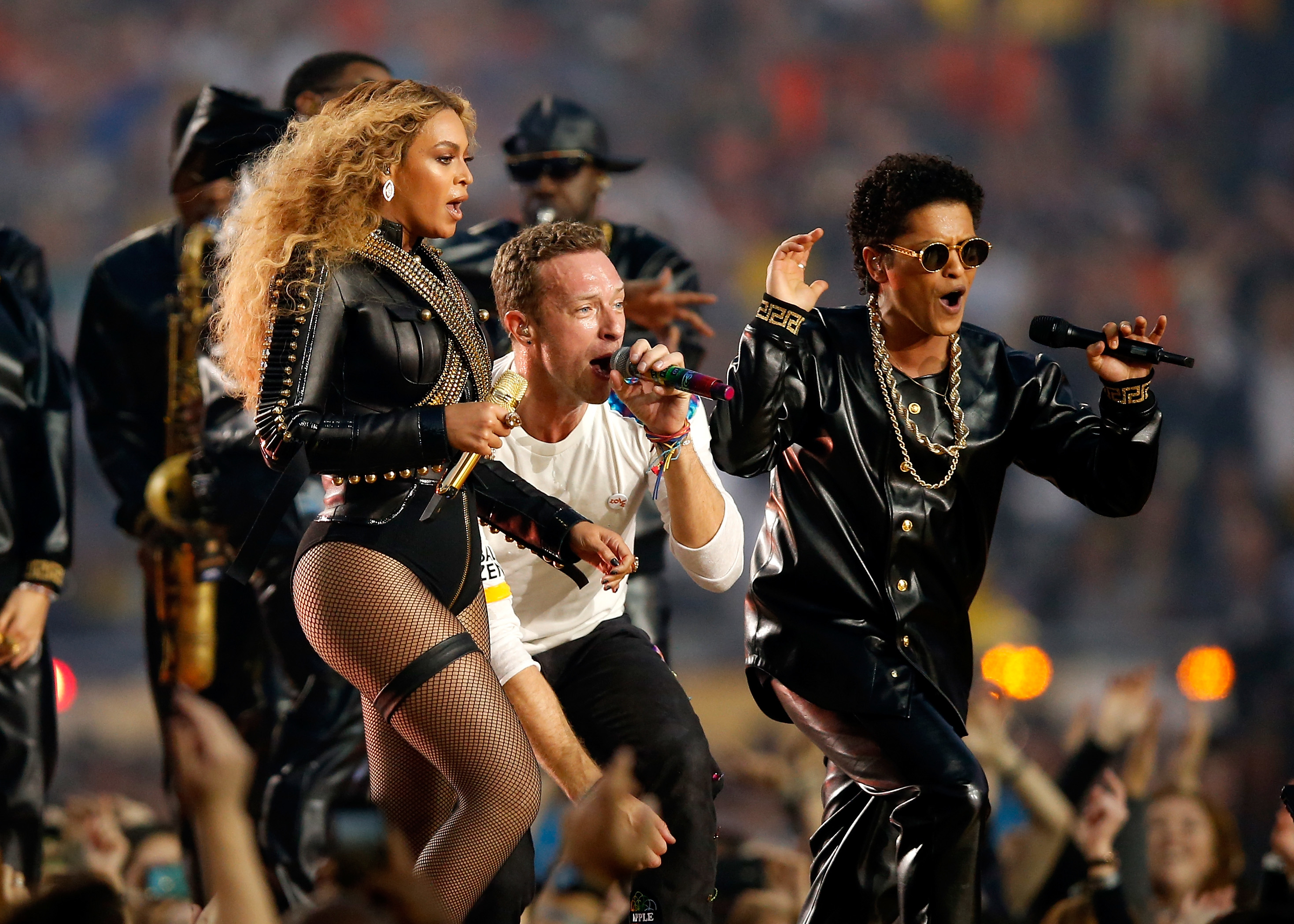 Beyoncé, Chris Martin, and Bruno Mars onstage at the Super Bowl
