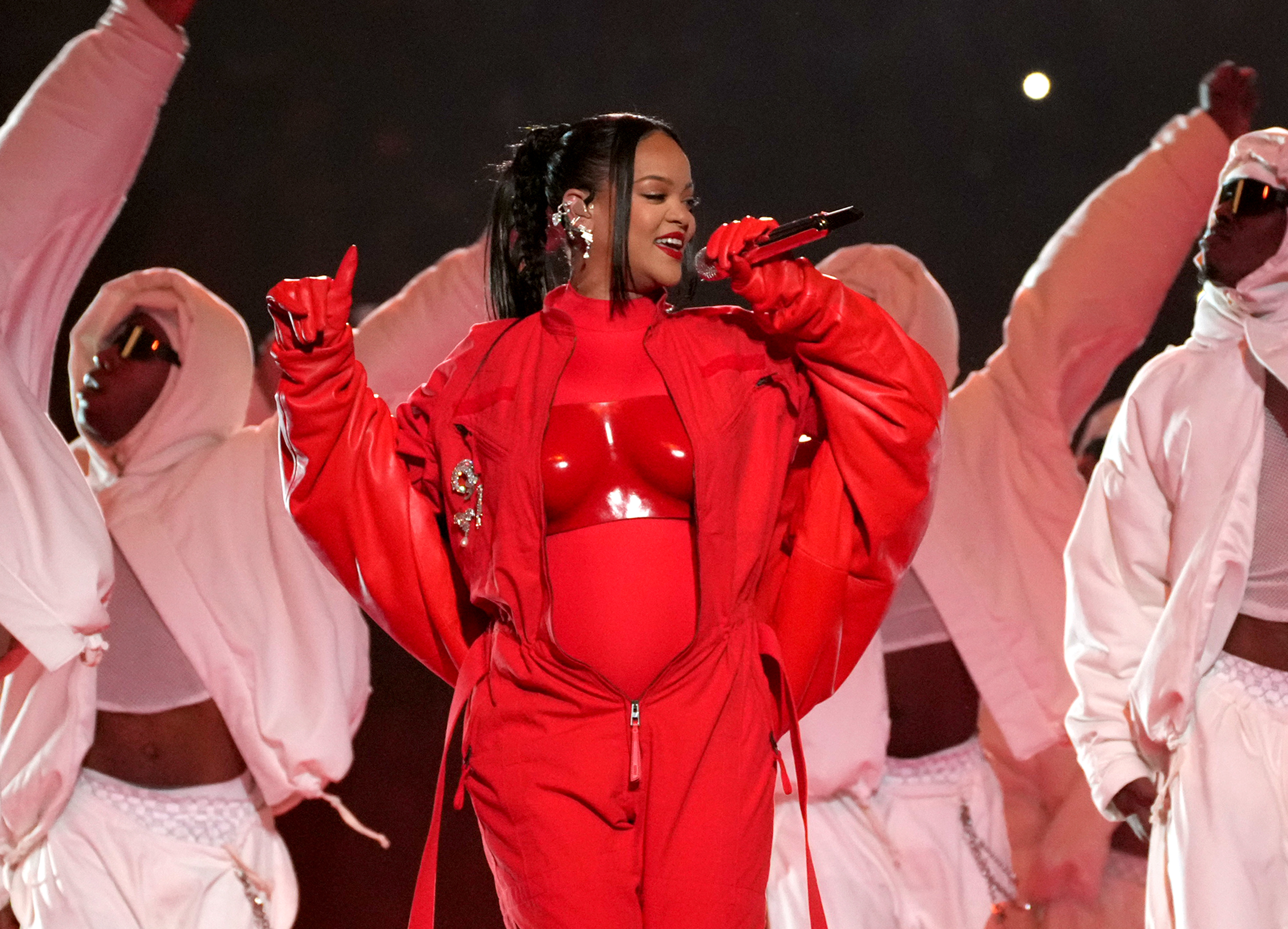 Rihanna onstage at the Super Bowl