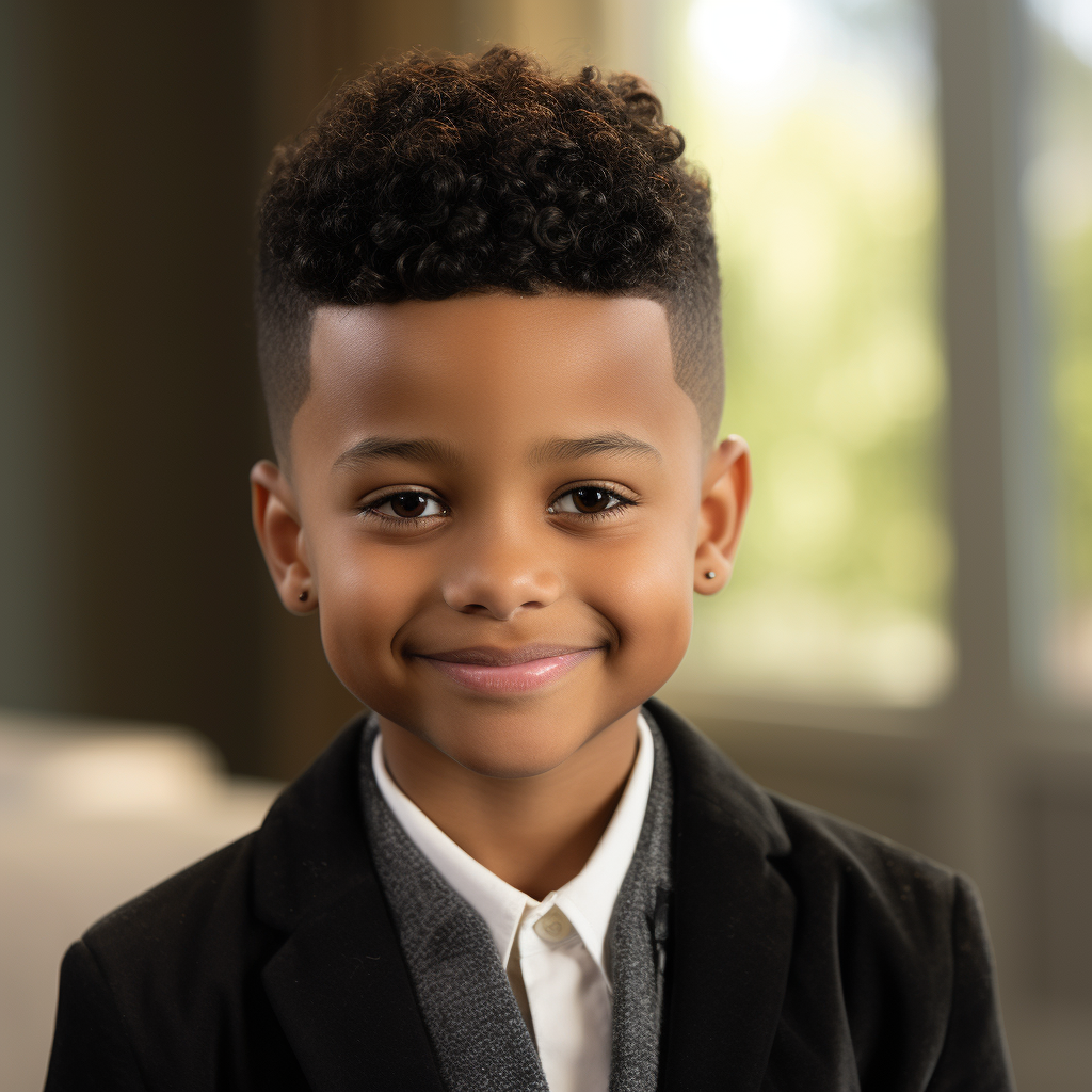 Young boy with a high-top fade hairstyle, smiling, wearing a black blazer over a white shirt