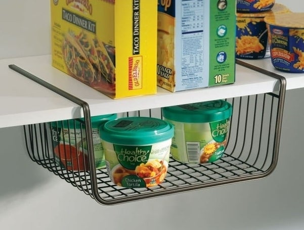 metal under the shelf storage basket with pantry essentials