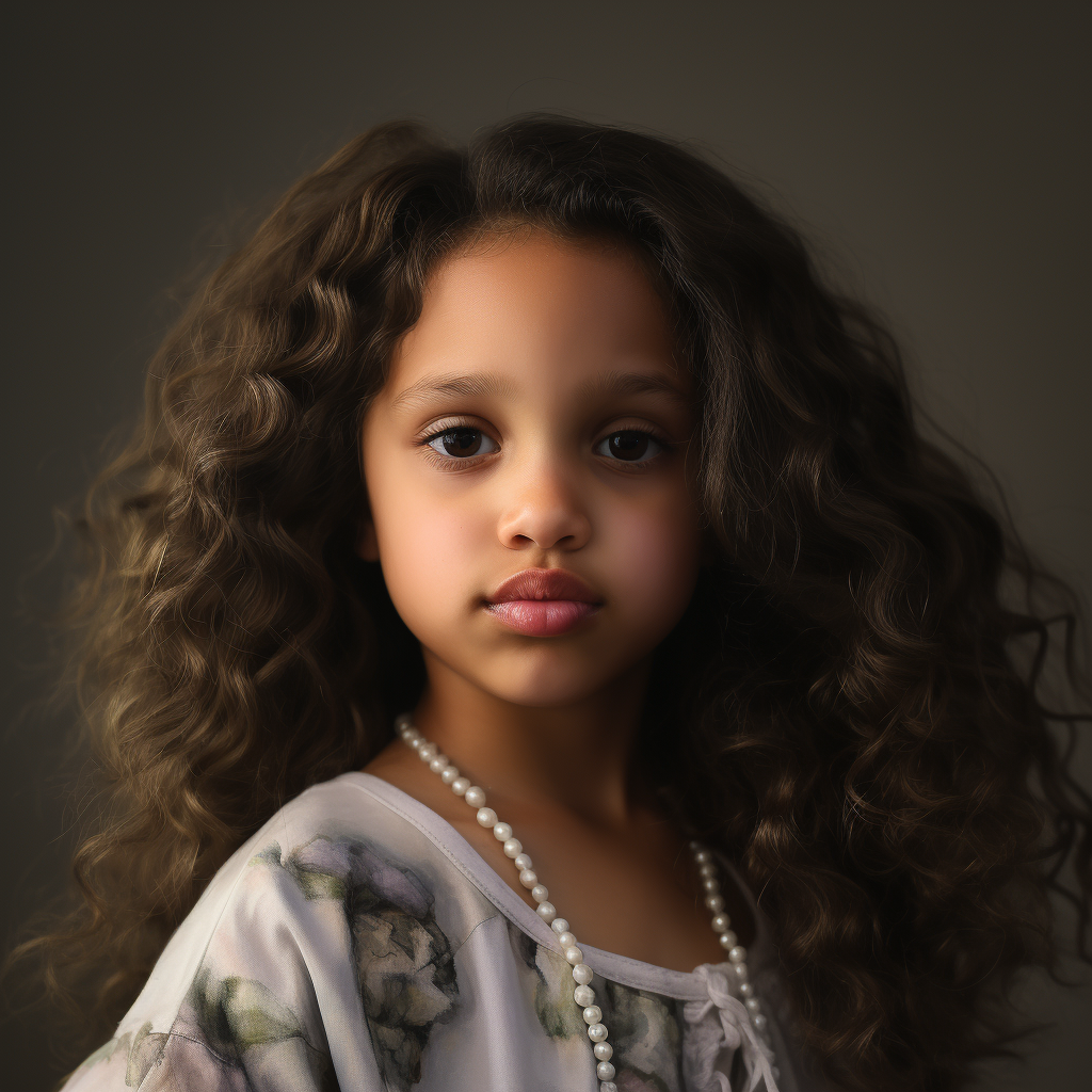 Young girl with long, dark curly hair and dark eyes and wearing a floral-patterned blouse and a long pearl necklace