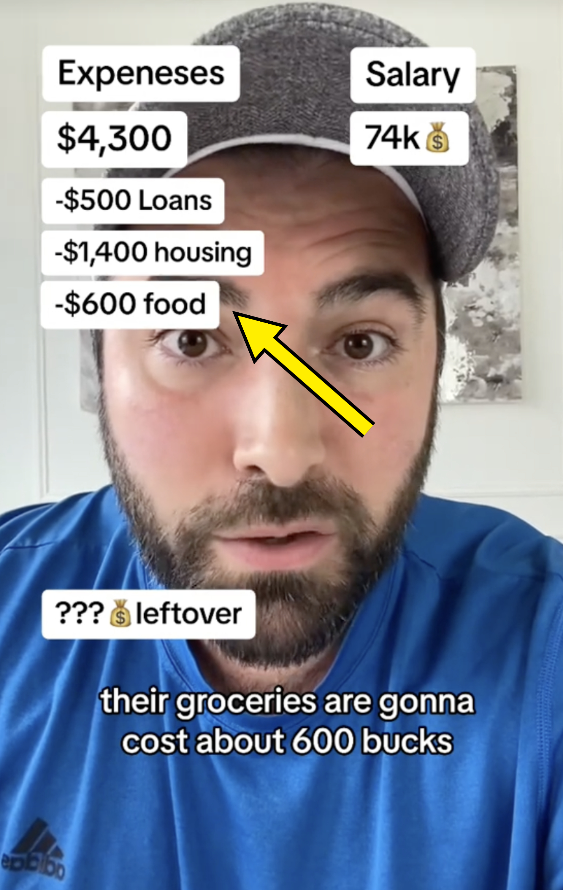 Freddie with surprised expression, infographic overlay lists income versus expenses with a focus on groceries