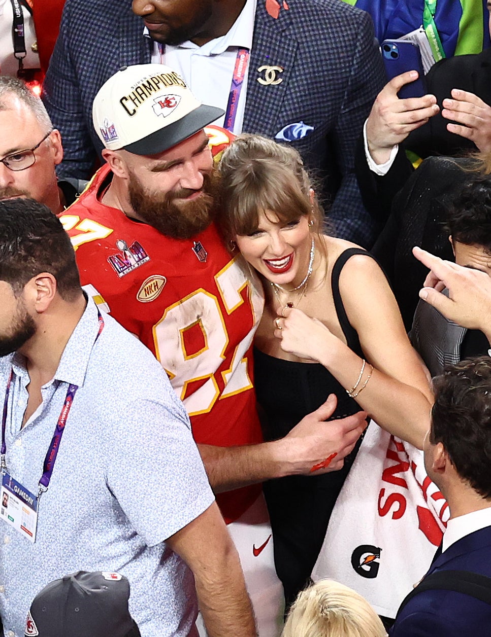 Closeup of Travis Kelce and Taylor Swift after the Super Bowl