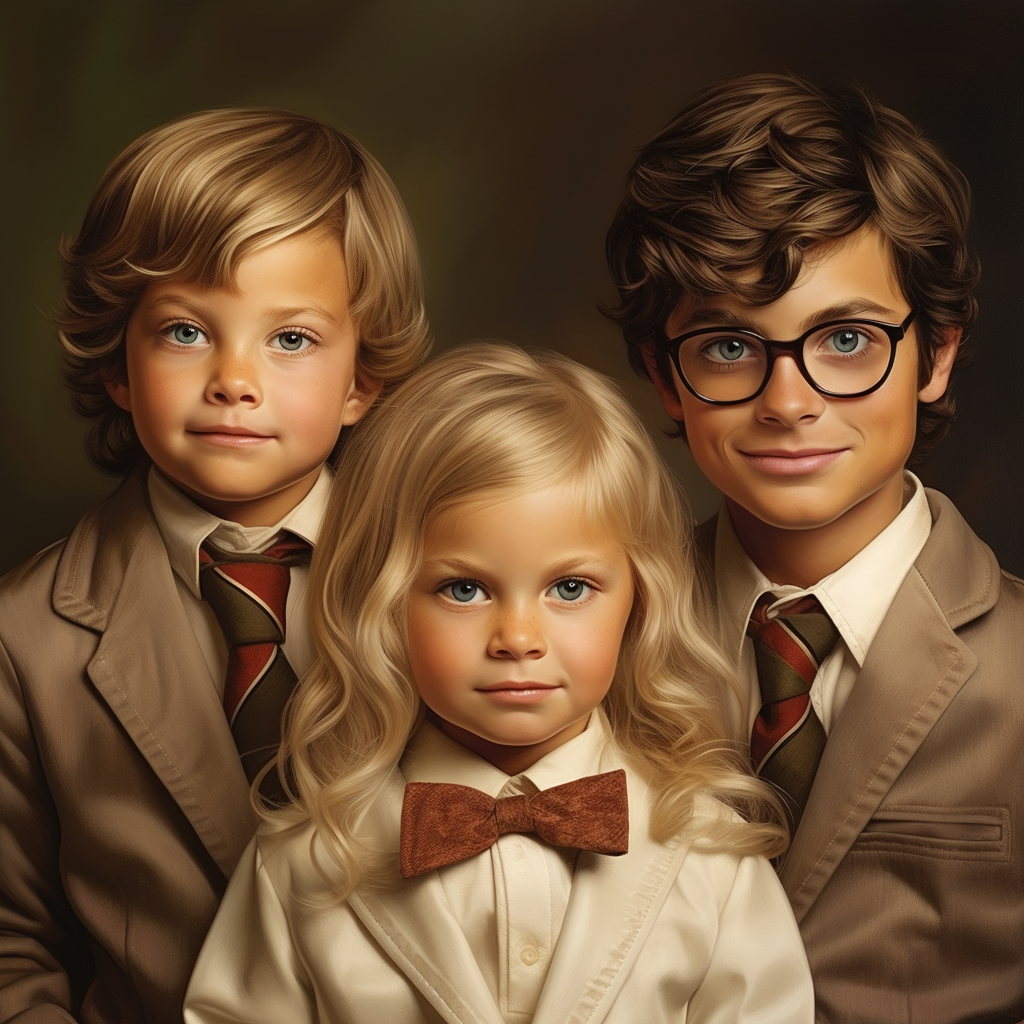 Three children, all with blue eyes, dressed in formal attire  — the two boys in suits, one with dark hair and glasses and one blonde; and the girl with long, blonde hair and a bow tie