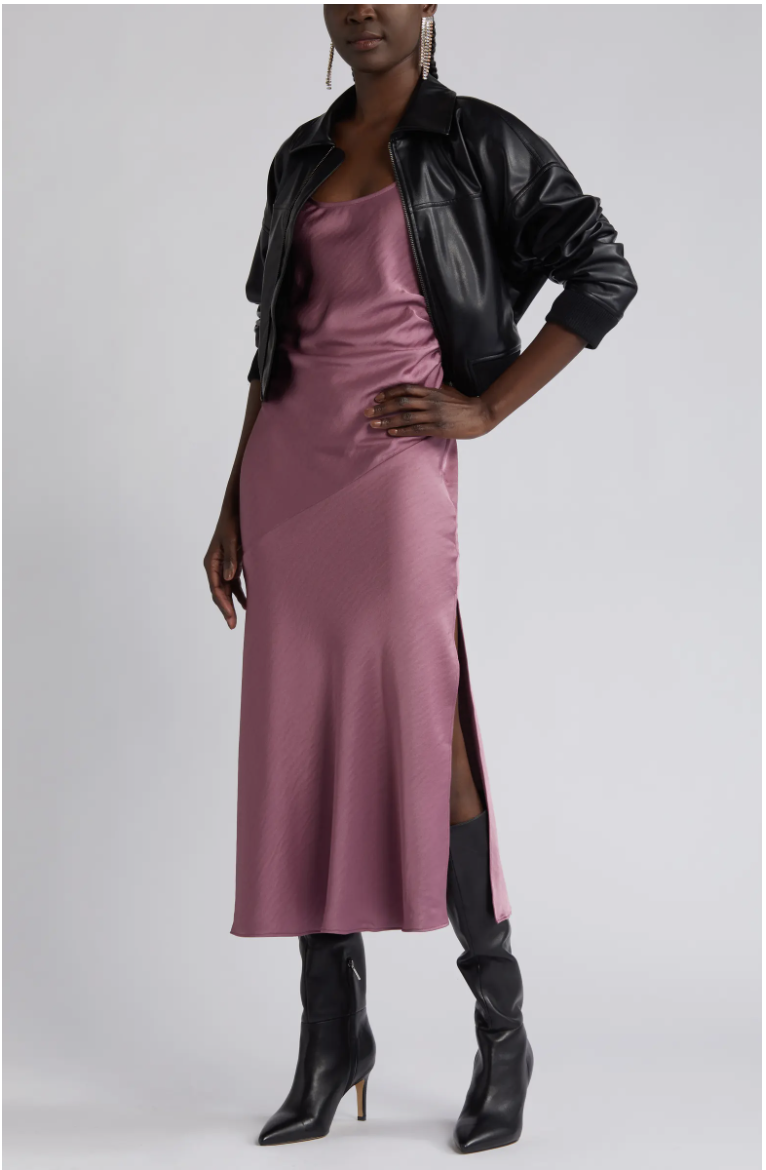 the mauve dress worn with a leather jacket
