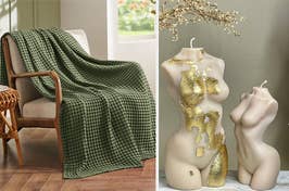 green waffle weave candle over chair / two beige Venus de Milo torso candles, one with gold accents 