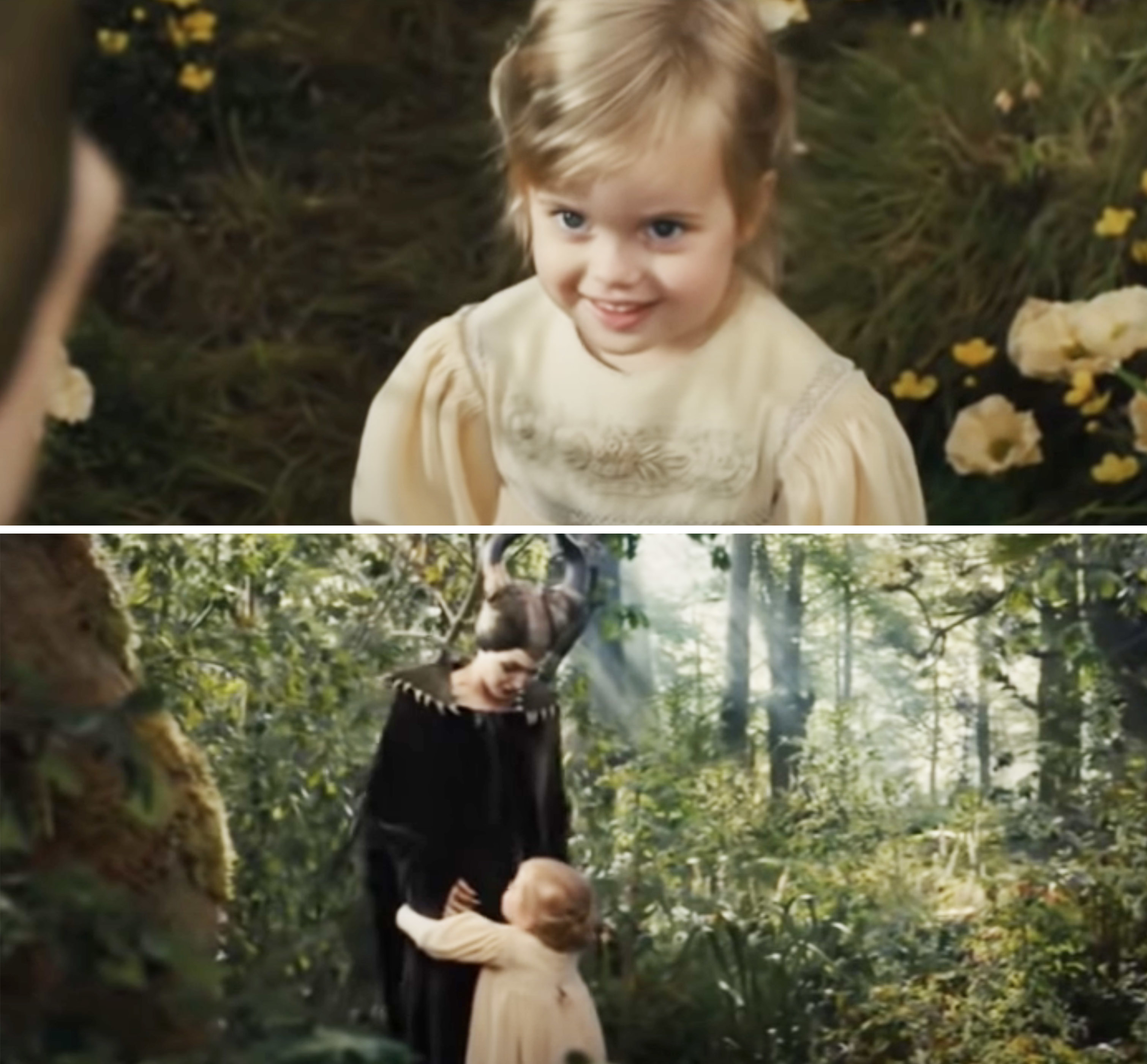 the toddler going up to maleficent in the woods