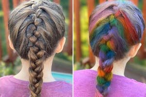 before and after of a child's hair with hair chalk