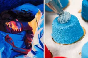 Lorde's "Melodrama" album cover next to a separate image of a blue lava cake.