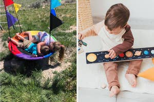 children on spinning swing, child playing with planet puzzle toy