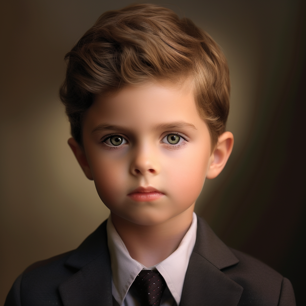 Portrait of a young boy with neat, wavy light brown hair and hazel eyes and wearing a suit and tie