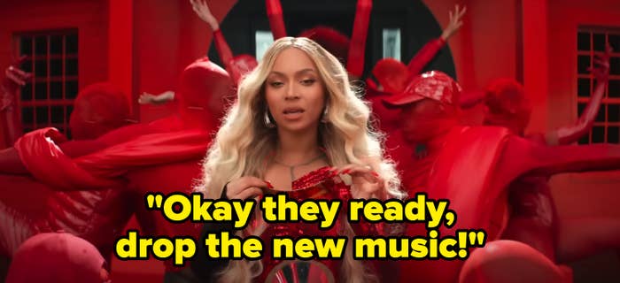 Beyoncé saying, &quot;Okay they ready, drop the new music!&quot; in a scene from the commercial