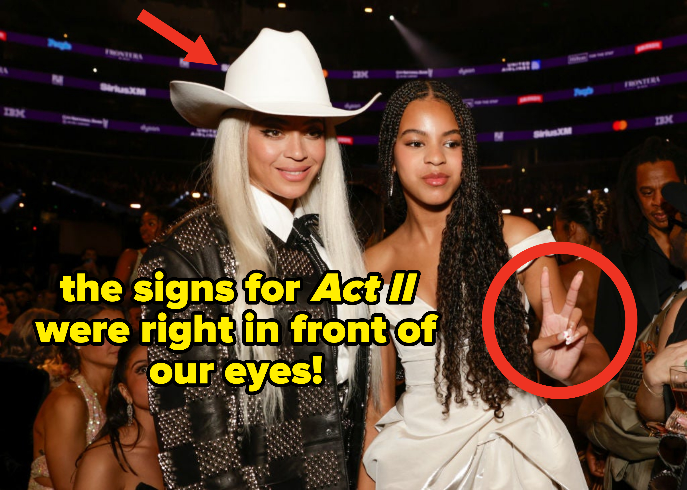 Beyoncé and Blue Ivy pose for a picture at the Grammys with an arrow pointing at Beyoncé&#x27;s cowboy hat and a circle around Blue&#x27;s hand giving the peace sign