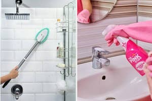 a split photo of a tile scrubber and a bottle of The Pink Stuff bathroom cleaner