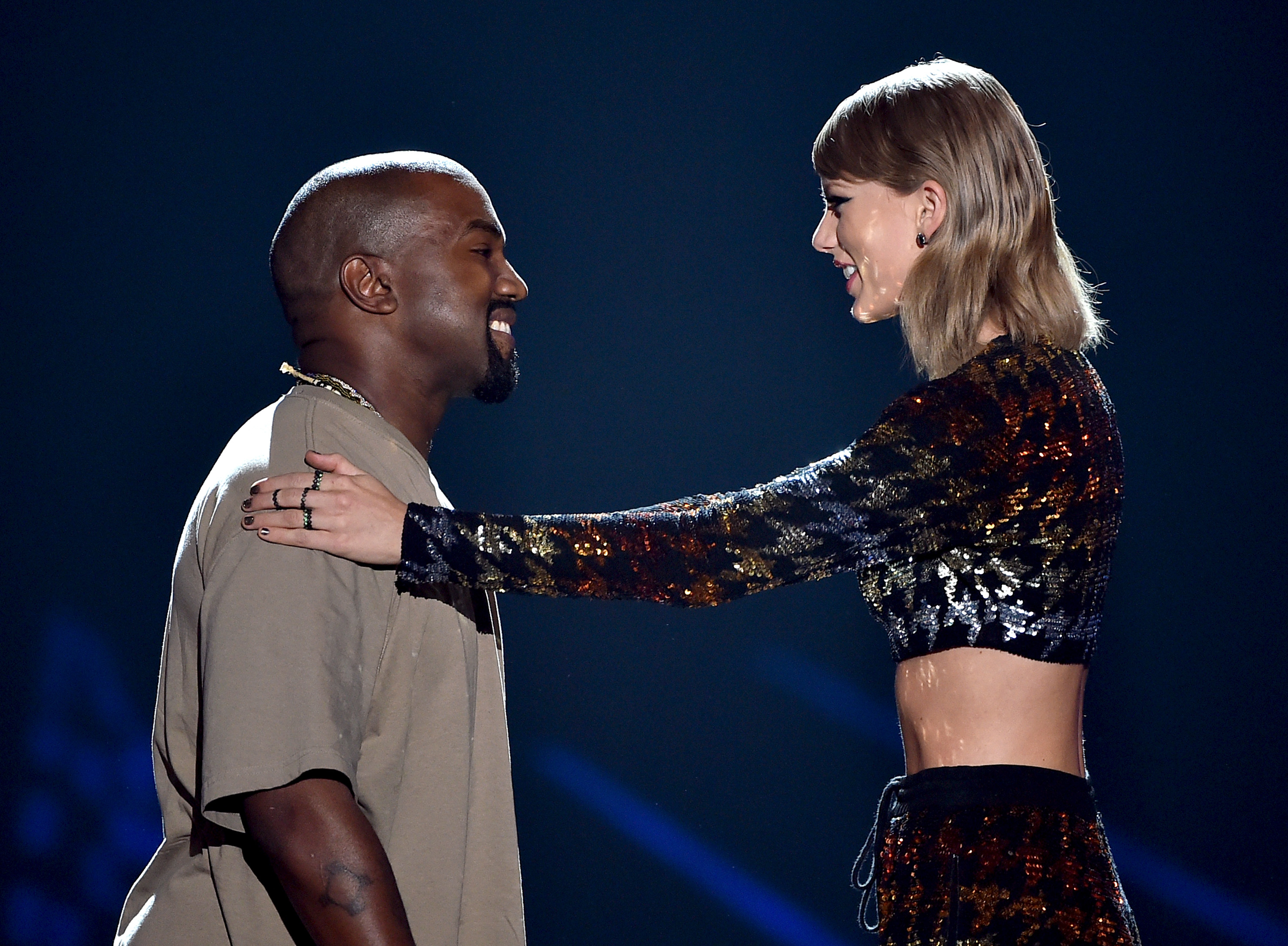Closeup of Kanye West and Taylor Swift