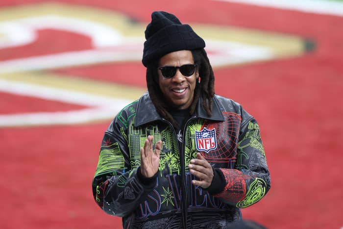 A closeup of Jay-Z at the Super Bowl