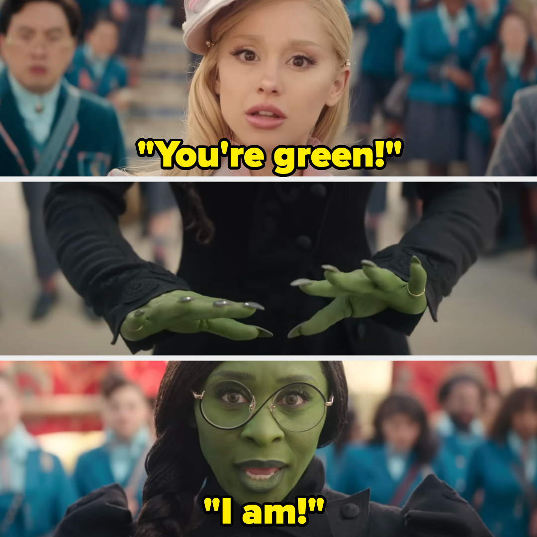 Ariana Grande saying &quot;You&#x27;re Green&quot; and Cynthia Erivo saying &quot;I am&quot; scene from &quot;Wicked&quot;