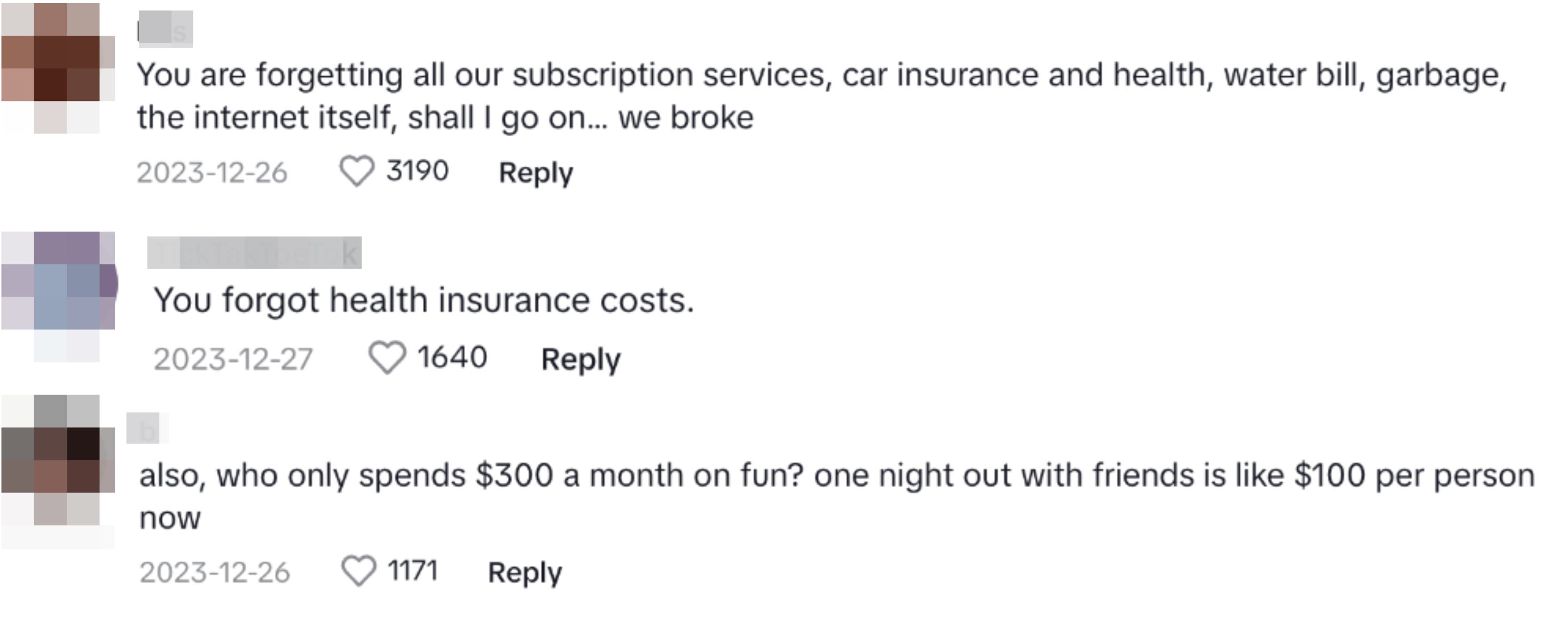 Three social media comments discussing the high cost of living and forgotten expenses, highlighting subscription services and health insurance
