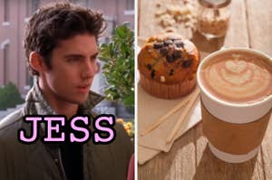 On the left, Jess from Gilmore Girls, and on the right, a chocolate chip muffin and a latte on a table